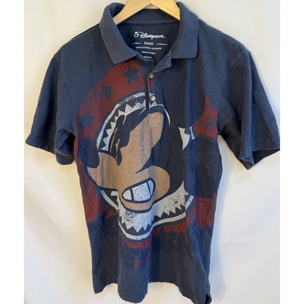 DISNEY Vtg  MICKEY MOUSE Polo Shirt S 100 % Cotton Wrap Around Print Navy  Men